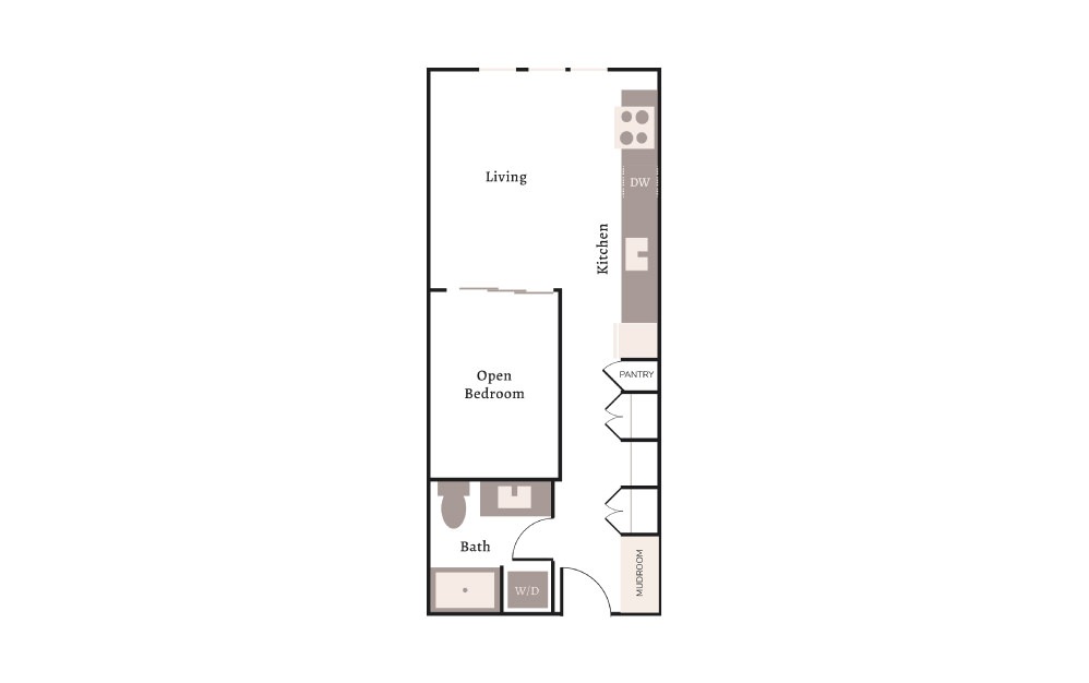 Aurora - 1 bedroom floorplan layout with 1 bath and 564 to 577 square feet.
