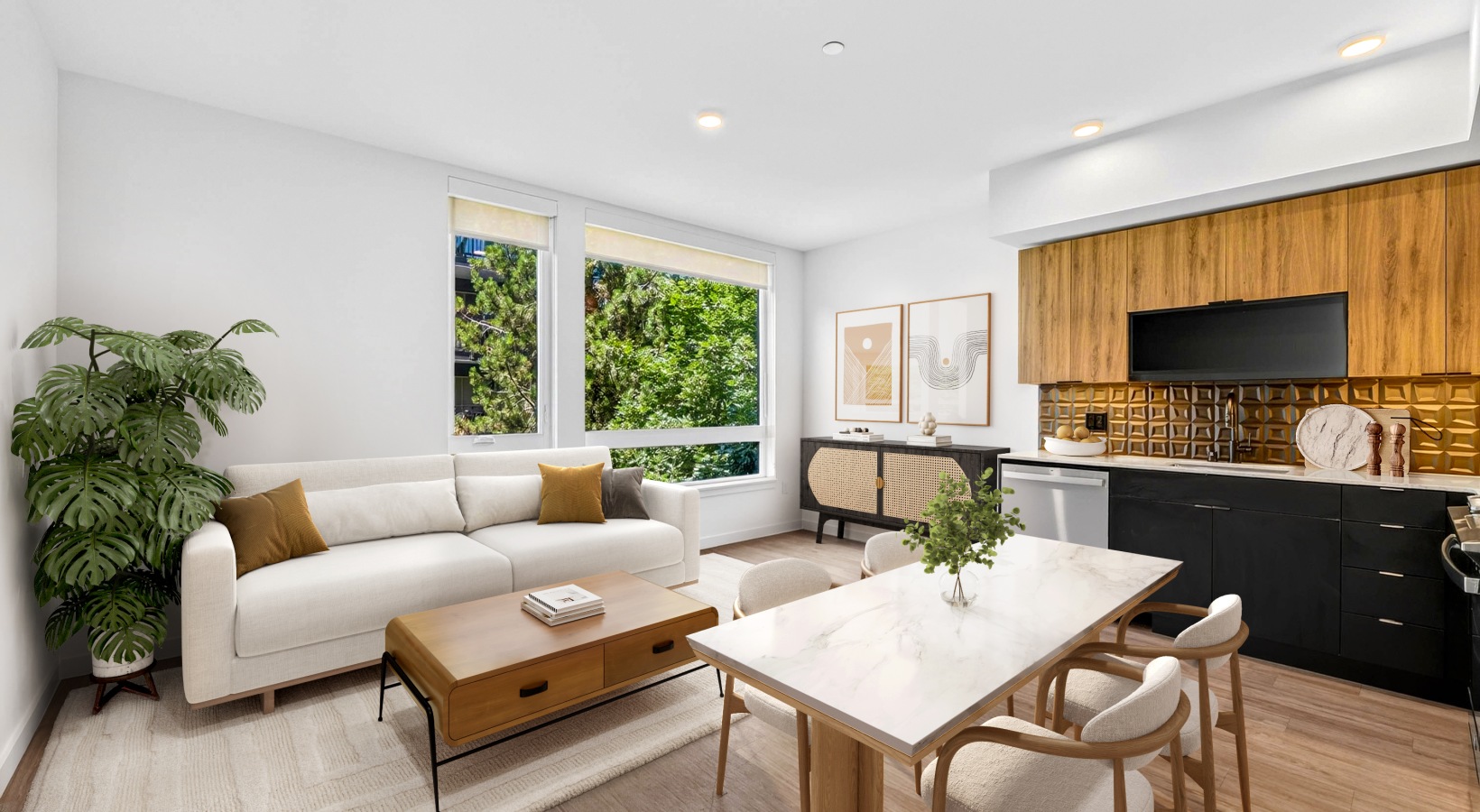 One bedroom apartment with open-concept kitchen and living area at Stellar in Seattle's South Lake Union